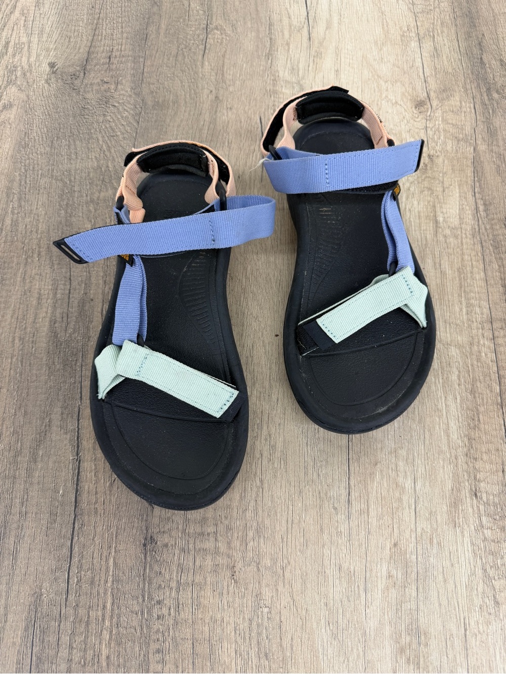 Teva Women's Sandals with Black Footbed and Pastel Blue, Mint, Peach Straps
